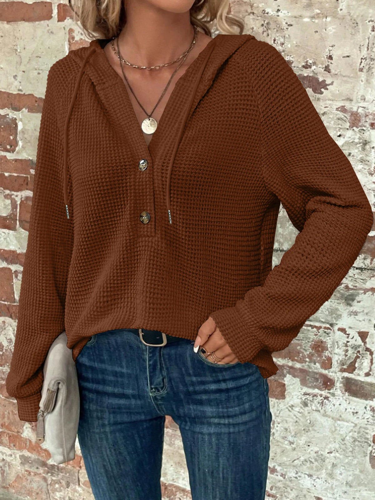 Solid Color Button Down Loose Long Sleeve Hoodie