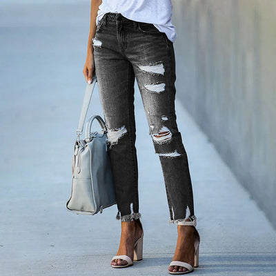 Washed Frayed Tassel Jeans Slim High Stretch Small Leg Trousers