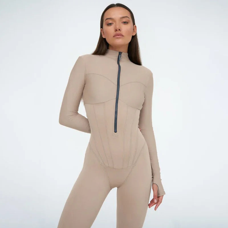 Sexy Tight Zipper One Piece Style Long Sleeve Round Neck Leggings