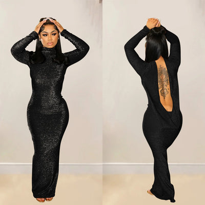Sexy Long Sleeved Backless Long Dress