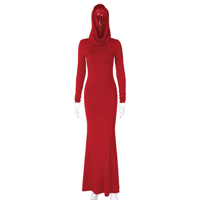 Solid Color Slim Hooded Long Sleeved Dress