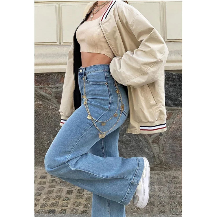 Middle Waist Blue Jeans Temperament Commuter Micro-Pull Pants Dark Female