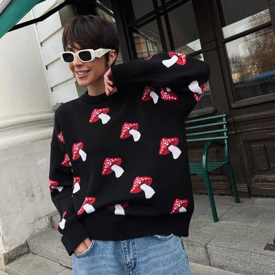 Oversized Loose Sweater With Mushroom