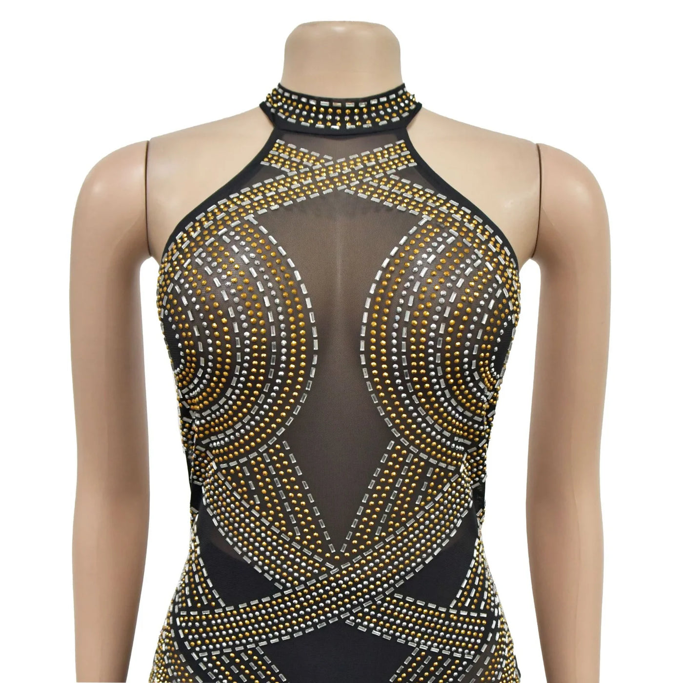 Mesh Hot Diamond Hanging Neck Long Dress