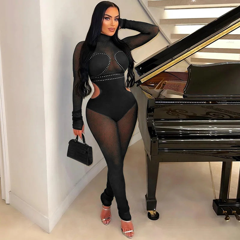 New Mesh Stitching Hot Diamond See Through Sexy Tight Hip Lift Jumpsuit