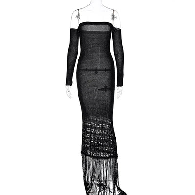 Slim Fitting Tassel Long Skirt Long Sleeved Off The Shoulder Wrap Chest Dress