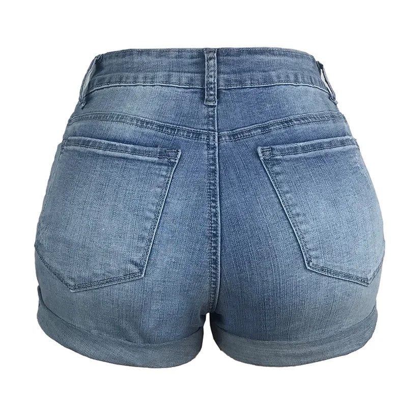 Women’s Stretch Mid Rise Denim Shorts With Ripped Holes