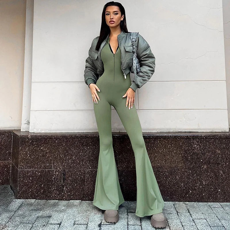 Solid Color Skinny Zipper Sports Yoga Jumpsuit