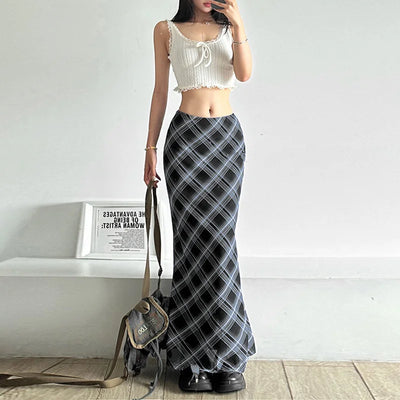 Women’s Solid Color Slim Hip Street Fashion High Waisted Checked Skirt