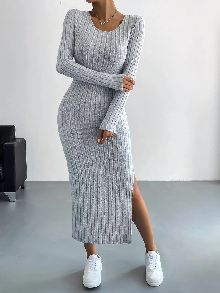 Long Sleeve Round Neck Slit Knitted Maxi Dress