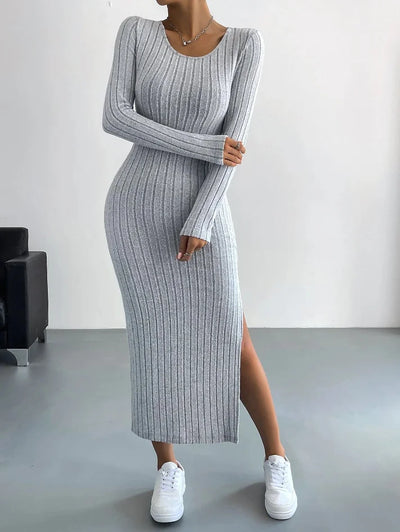 Long Sleeve Round Neck Slit Knitted Maxi Dress