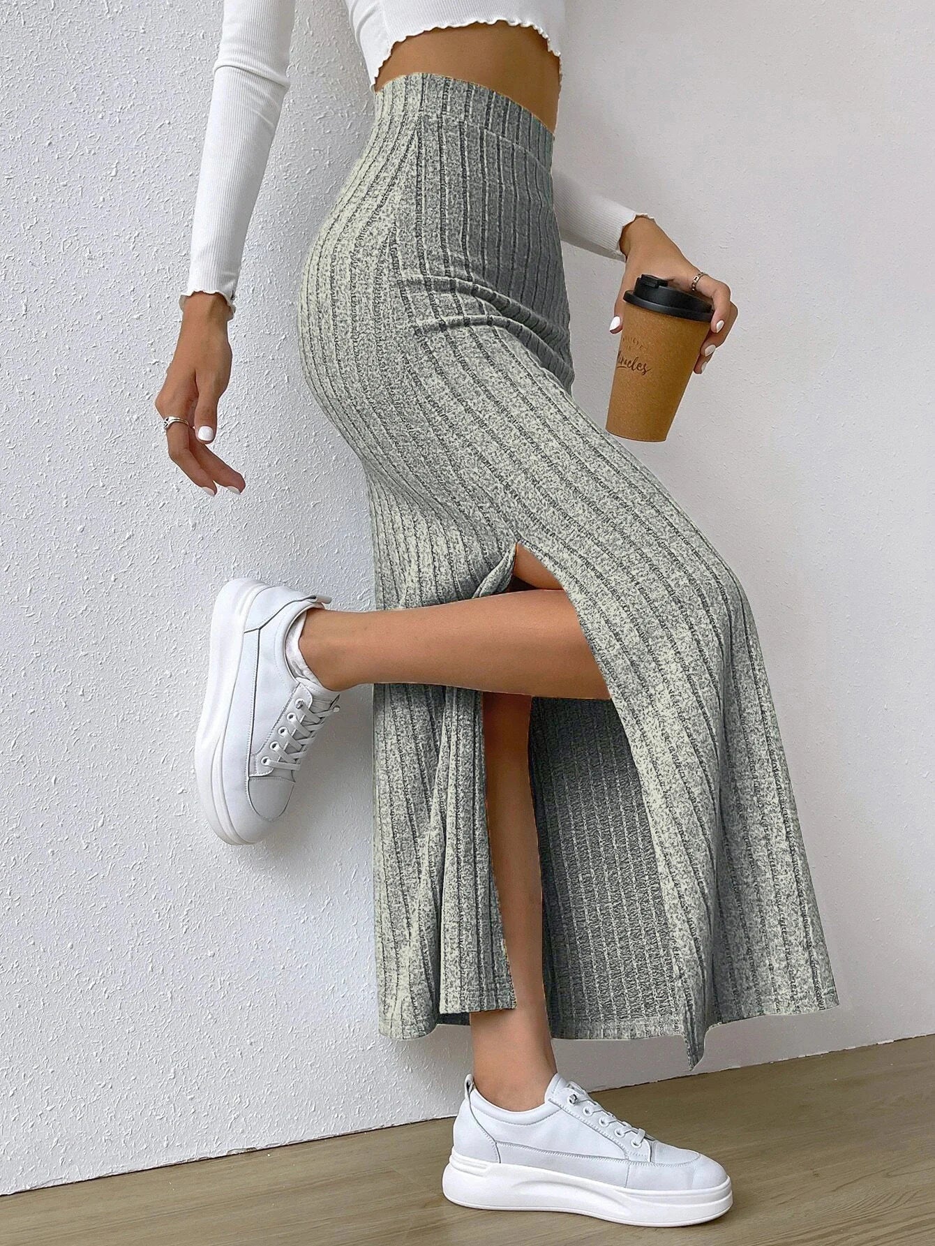 High Waisted Side Slit Slim Knit Skirt Women’s