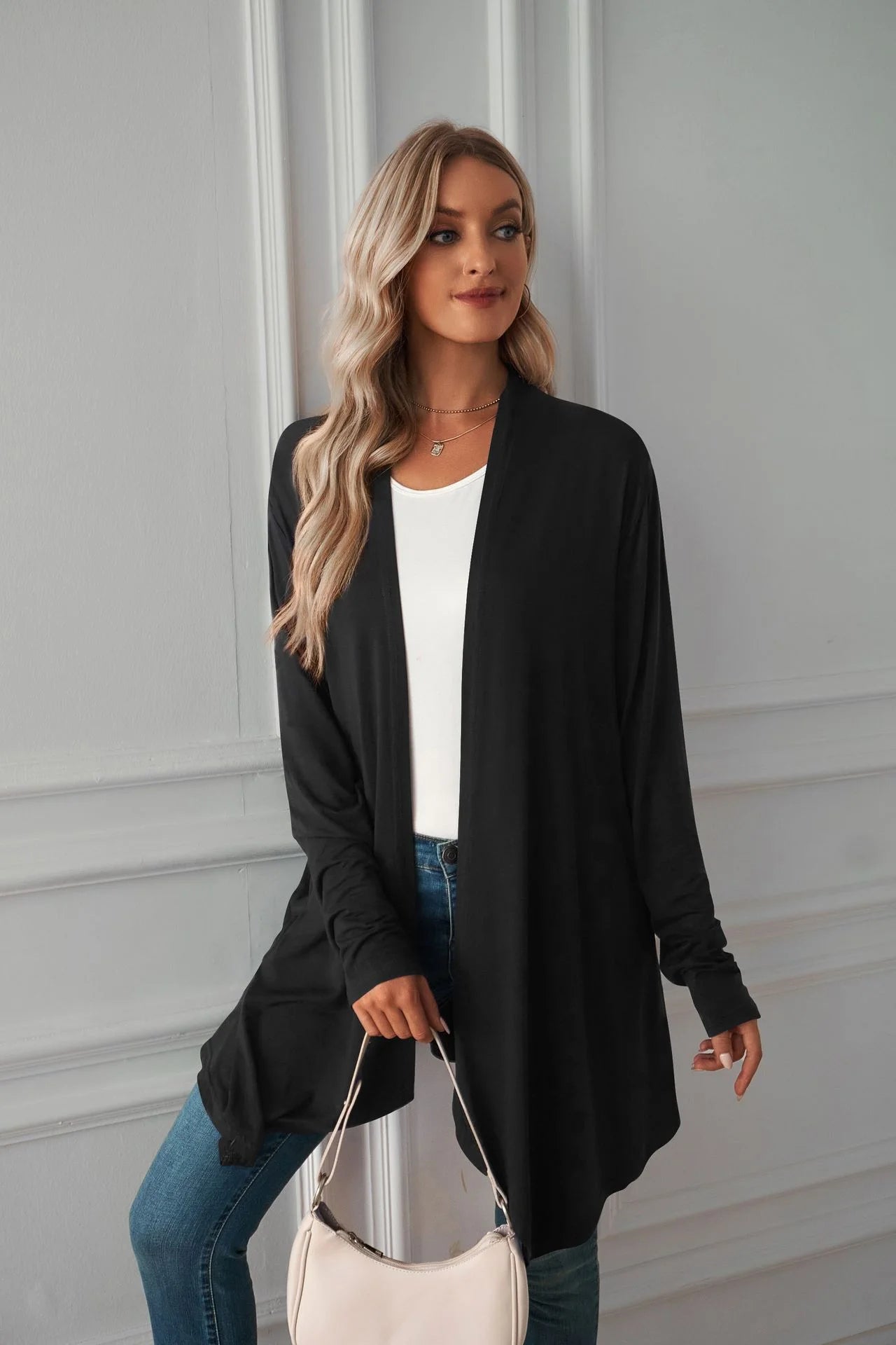 Pure Color Long Sleeved Cardigan Coat Long Blouse Woman