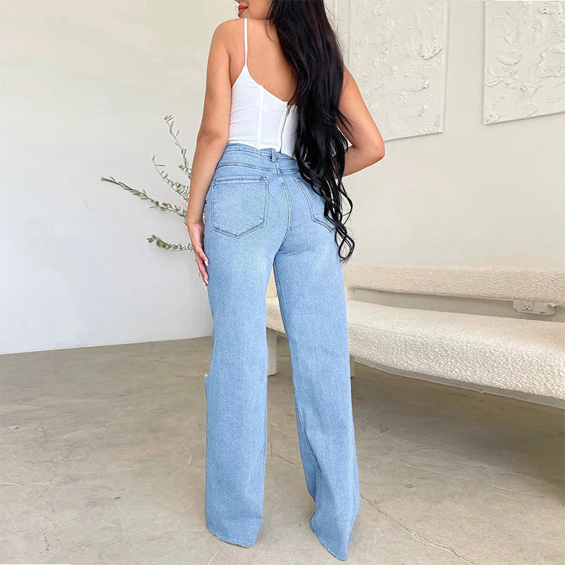 Ladies Jeans Long High Waist Holes