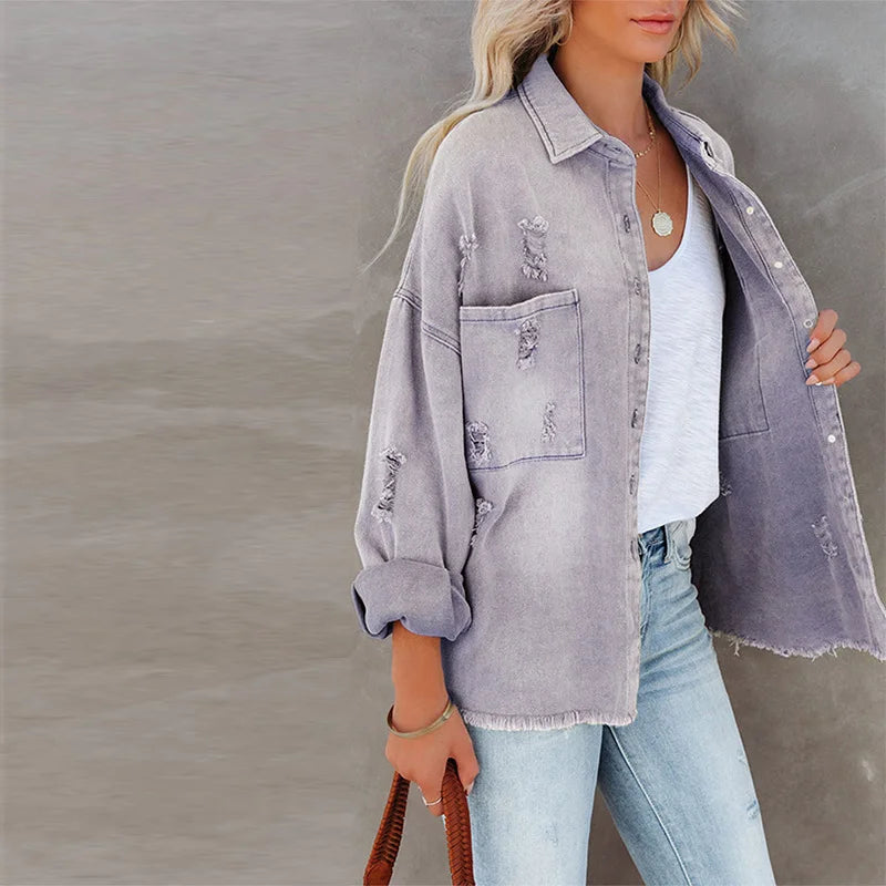 Ripped Long Sleeve Jeans Jacket with Crossed Lapel
