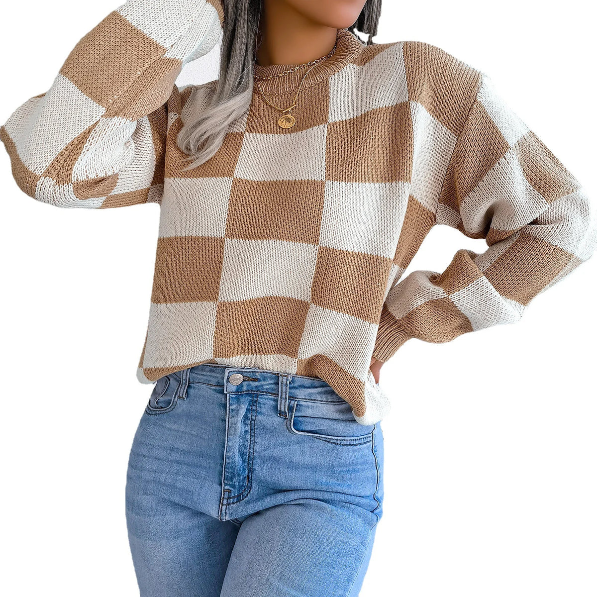 Streetwear Contrasting Plaid Long Sleeved Pullover Knit Sweater