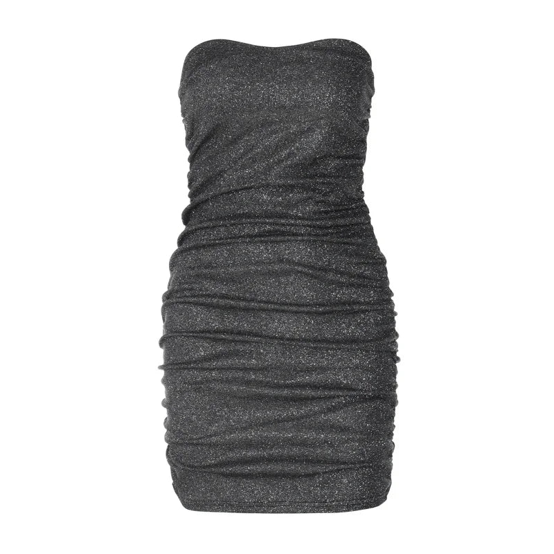Sexy V Neck Bandeau Exposed Pleated Dress