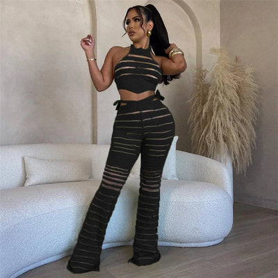 Transparent Striped Set With A Tie Back Top And Flared Pants
