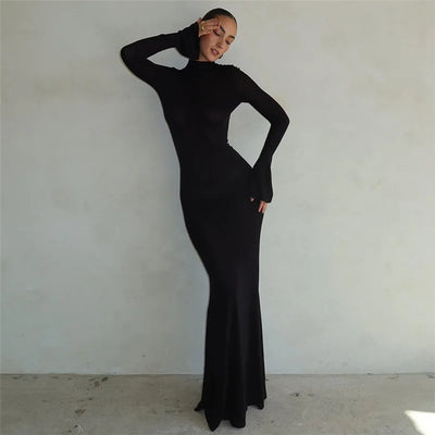 Women’s Fashion Round Neck Long Sleeve Sexy Backless Slim Hip Dress