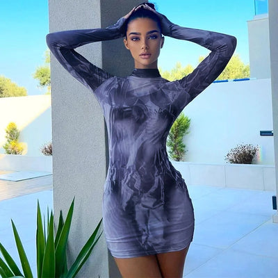 Print Slim Round Neck Long Sleeve Hip Dress