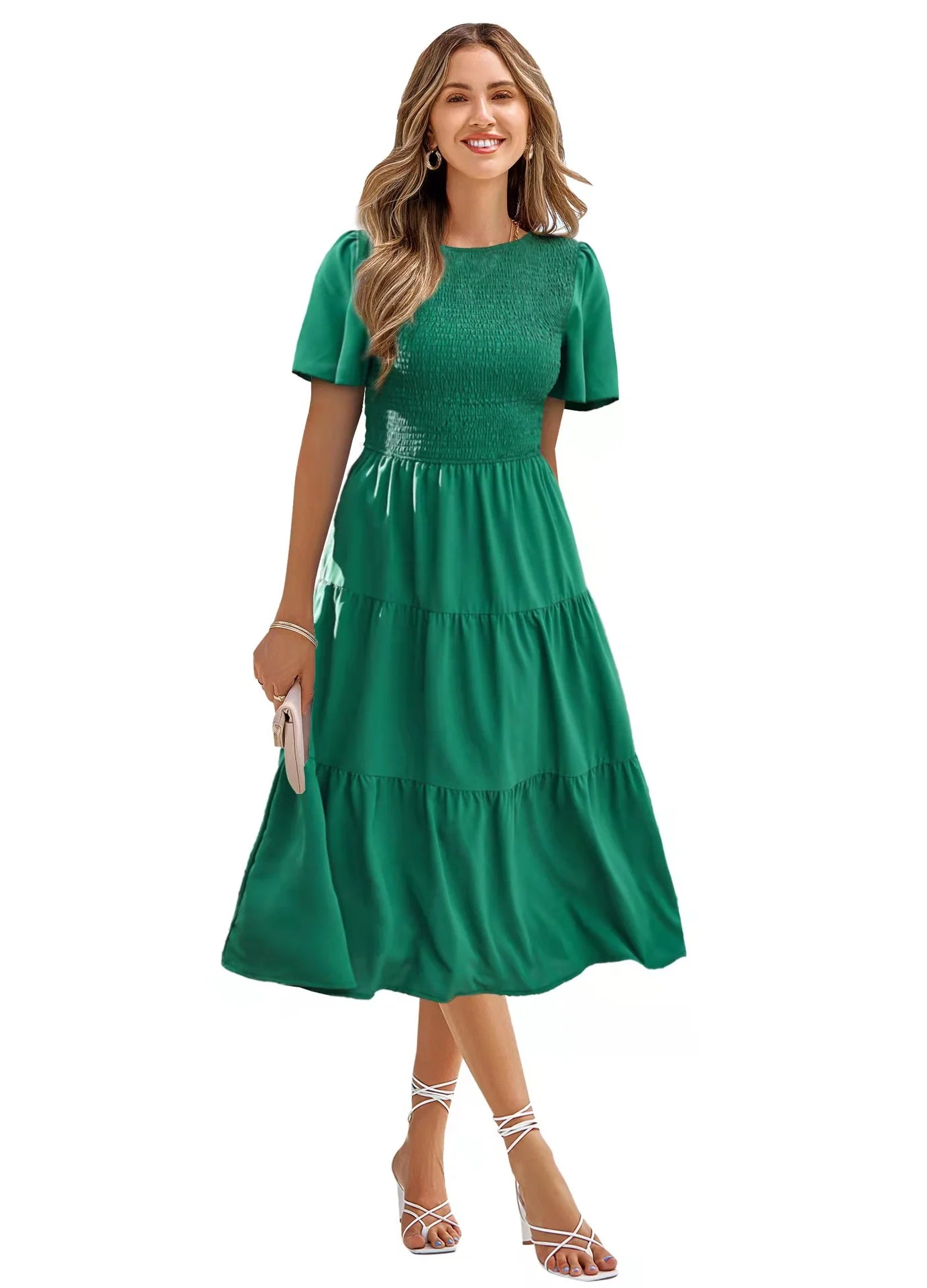 Slim Waist Swing Dress Spring And Summer Round Collar Wrap Around The Holiday Skirt