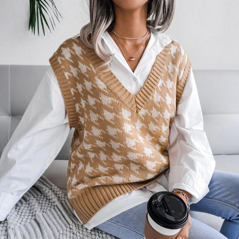 V Neck Houndstooth Casual Loose Knit Vest Sweater