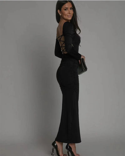 Long Dress With Square Neck Long Sleeve
