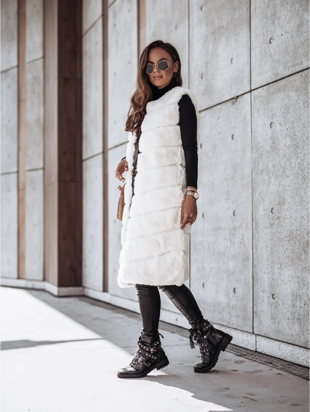 Women’s Winter Round Neck Fur Vest Long Vest Jacket