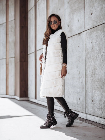 Women’s Winter Round Neck Fur Vest Long Vest Jacket