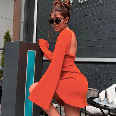 Trumpet Long Sleeved Solid Color Short Skirt
