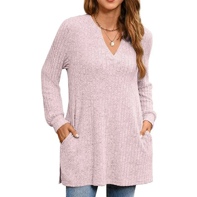 Long Knit Sleeve Solid Side Slit Loose Top With Pockets
