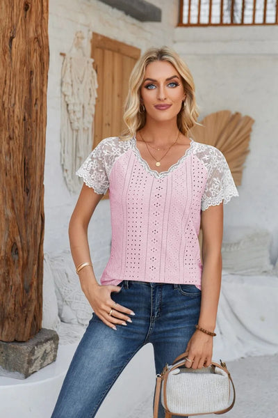 New V-Neck Lace Stitching Loose Casual Hole T-Shirt