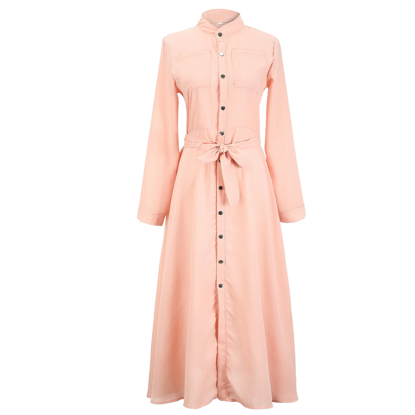 Chiffon Solid Color Long Sleeved Button Lace Up Dress