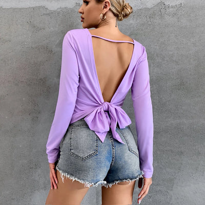 Shirt With Bottom Cover Tie Up T-Shirt Long Sleeved Knit Sweater