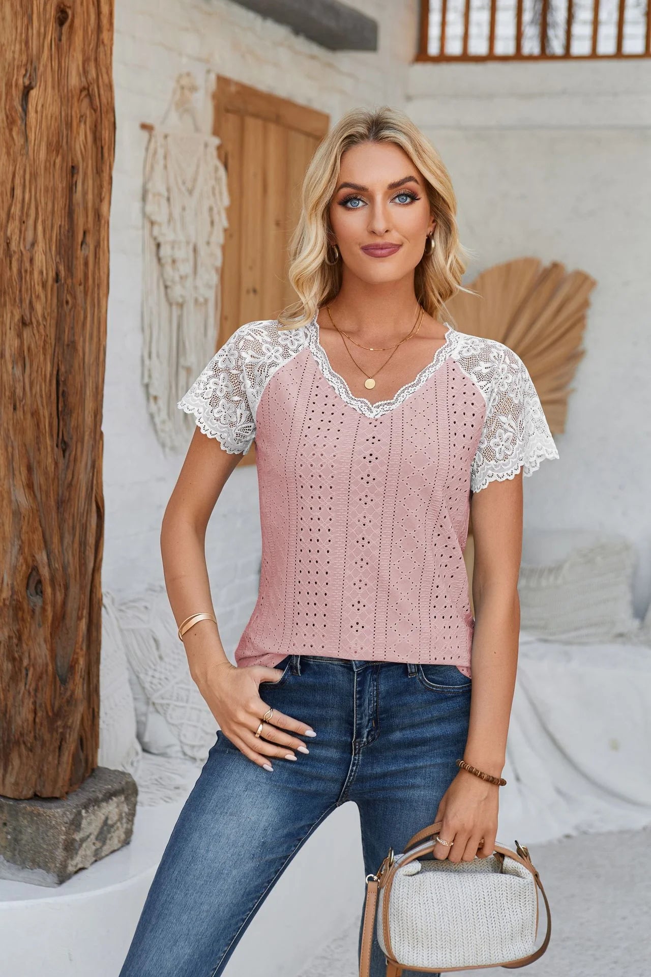 New V-Neck Lace Stitching Loose Casual Hole T-Shirt