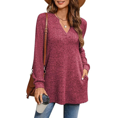 Long Knit Sleeve Solid Side Slit Loose Top With Pockets