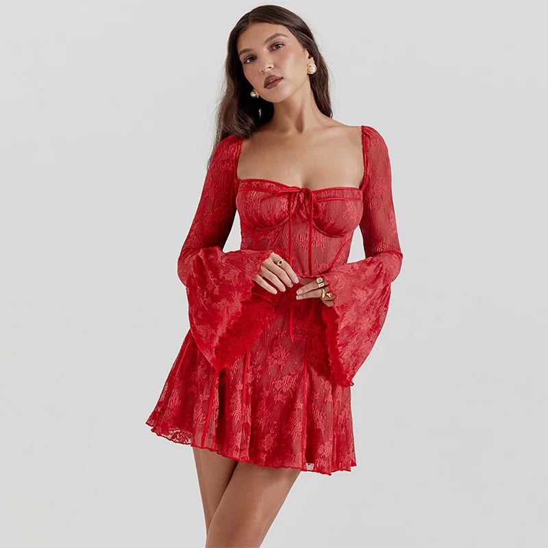 Wrap Lace Print Long Sleeve Ballet Style Short Dress