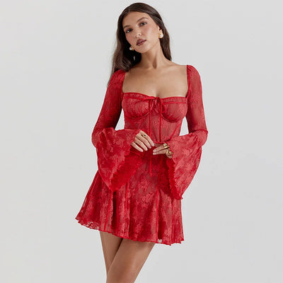 Wrap Lace Print Long Sleeve Ballet Style Short Dress