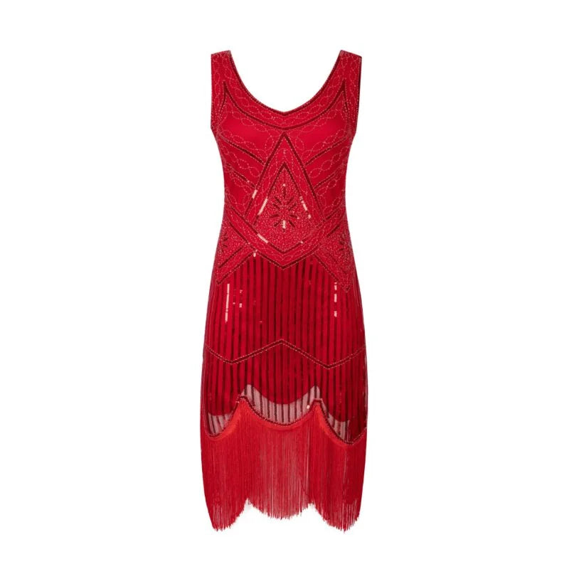 Vintage Sequined Gown Skirt Beaded Fringed Dress