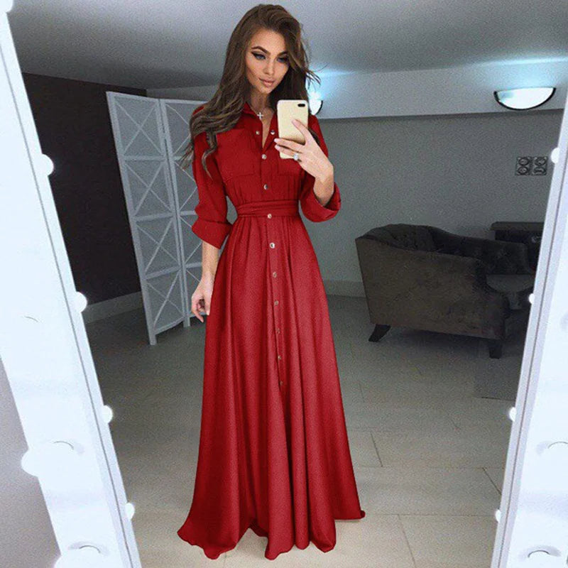 Chiffon Solid Color Long Sleeved Button Lace Up Dress