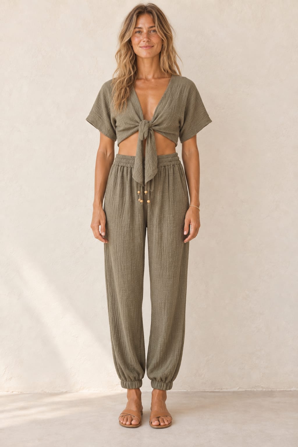 Olive Rayon Gauze Tie-Front Two Piece Set
