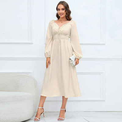 V Collar Slim T Long Sleeved Dress