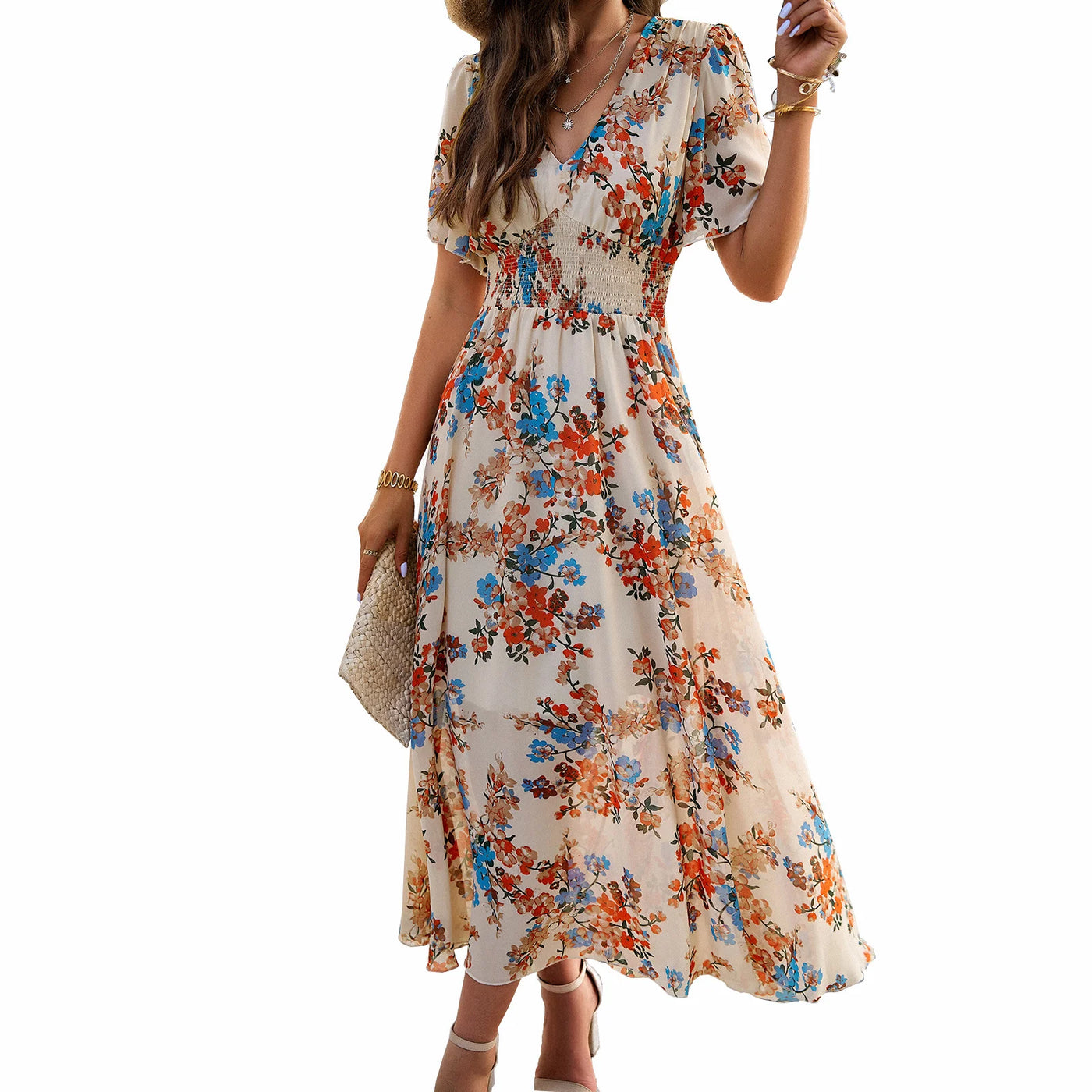 Print Cinched Waist Short Sleeved Dress