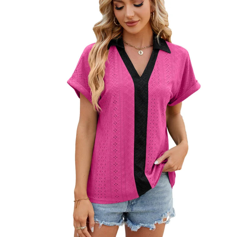 New V Neck Color Colliding Short Sleeved Loose T-Shirt Blouse