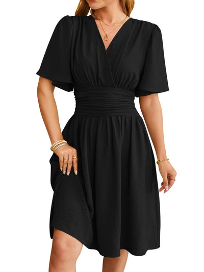 V Neck Cinched Waist Flared Sleeve Stylish Dress