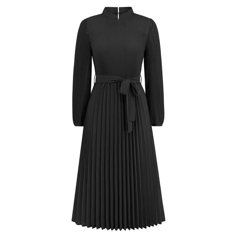 Vertical Collar Sleeve Pleated Skirt