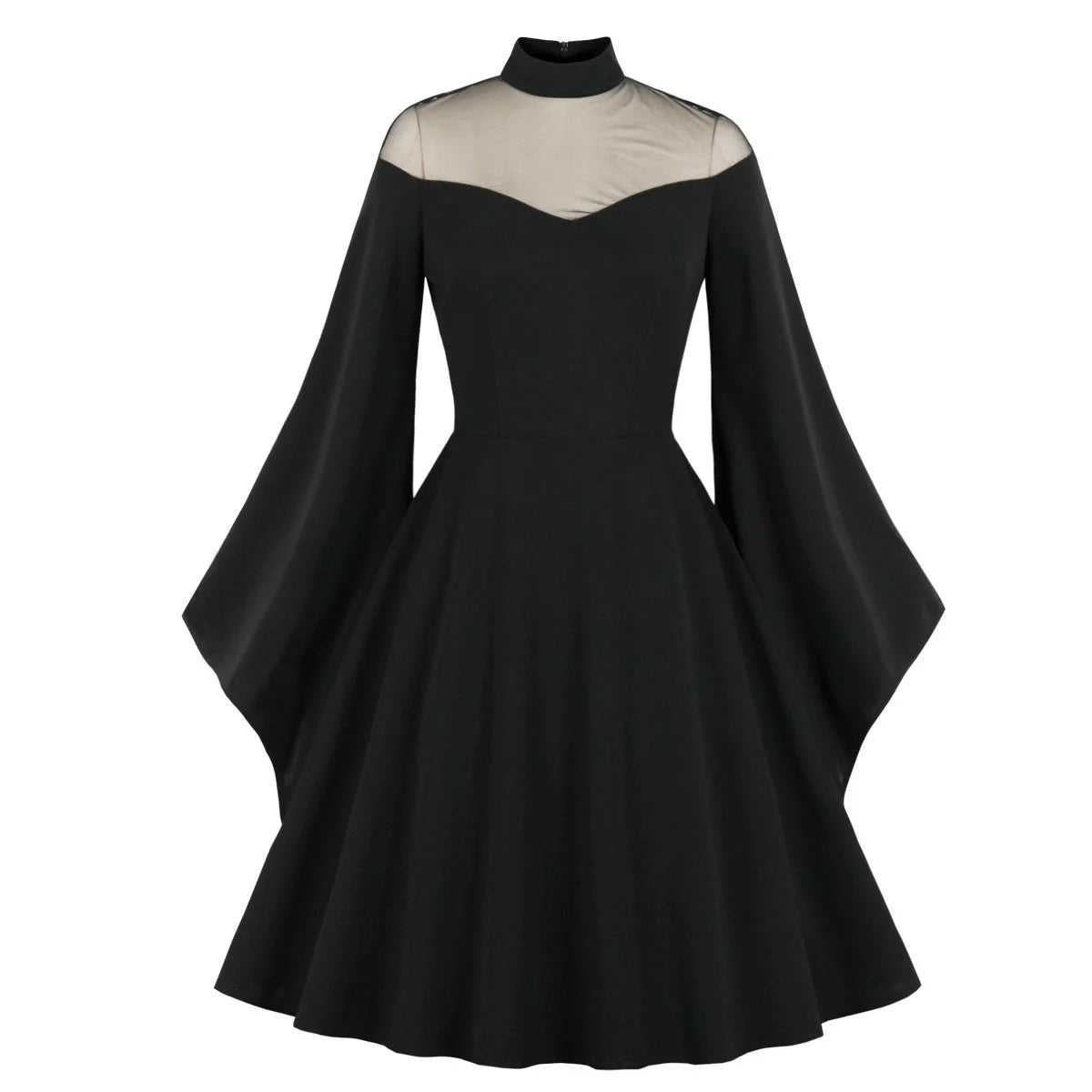Black Queen Mesh Bell Sleeve Panel Vintage Dress