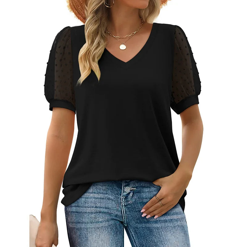 V Neck Solid Summer Lace Blouse