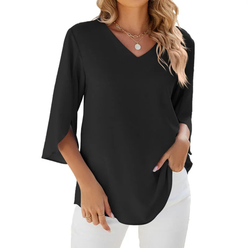 Pure Color V Collar Loose Chiffon Blouse