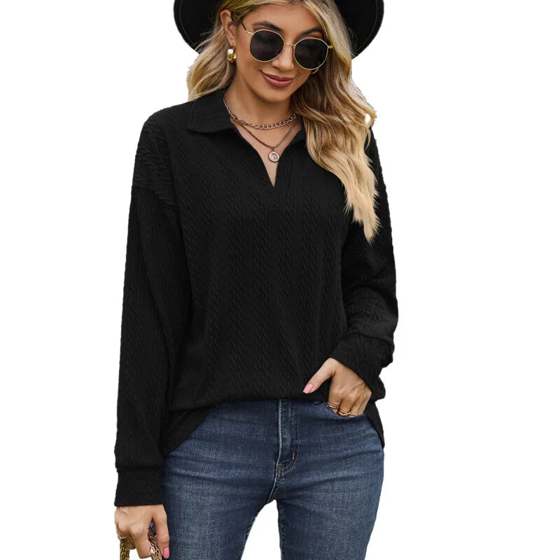 Style Solid Color Lapel Loose Long Sleeved Sweater Coat Blouse